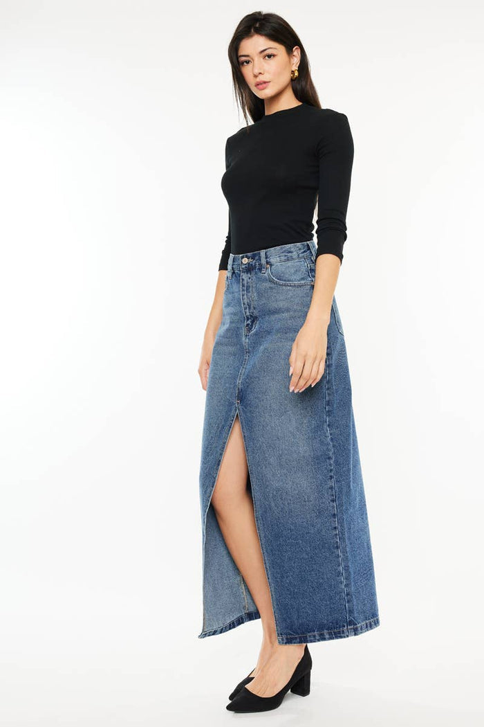 90'S DENIM MAXI SKIRT-KC7868M: MEDIUM / M