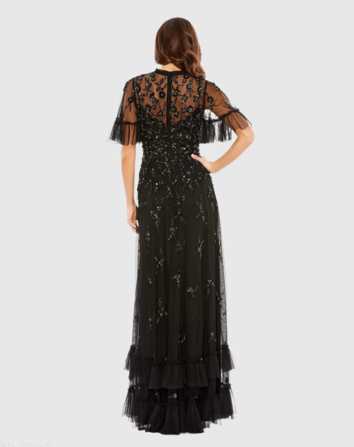 Black Floral Embellished Flutter Sleeve A-Line Gown