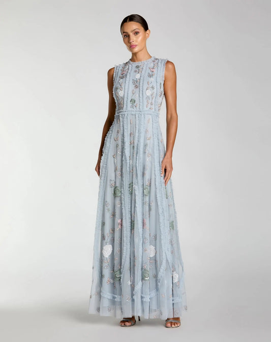 Blue Floral Mesh Sleeveless A Line Micro Ruffle Gown
