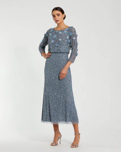 Blue Floral Embellished Midi Dress With 3/4 Sleeves