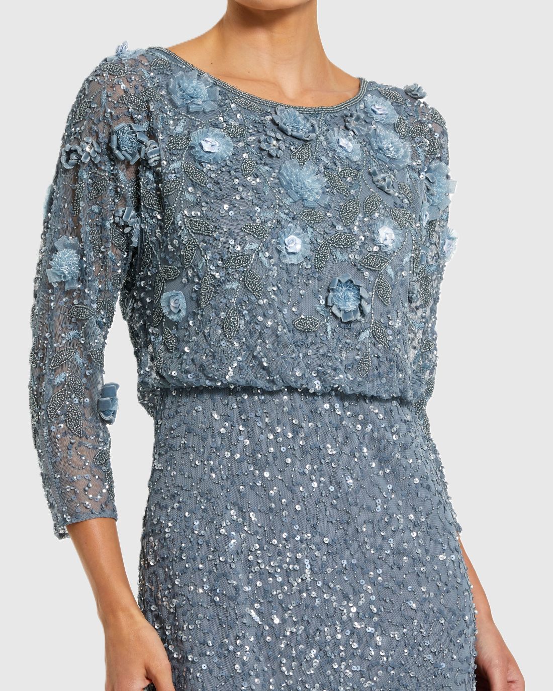 Blue Floral Embellished Midi Dress With 3/4 Sleeves
