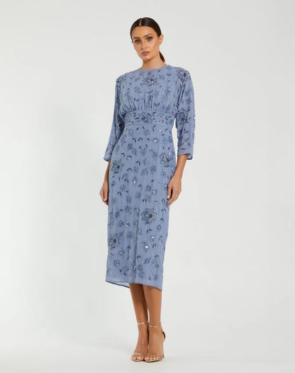 Blue Floral Embellished Midi Dress with 3/4 Sleeves