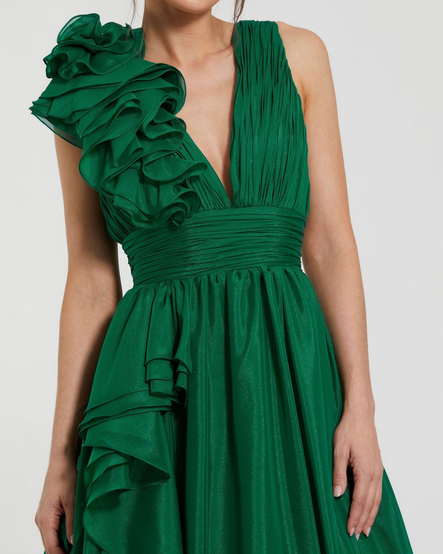 Petite Emerald Green Ruffle Shoulder V-Neck Chiffon Gown