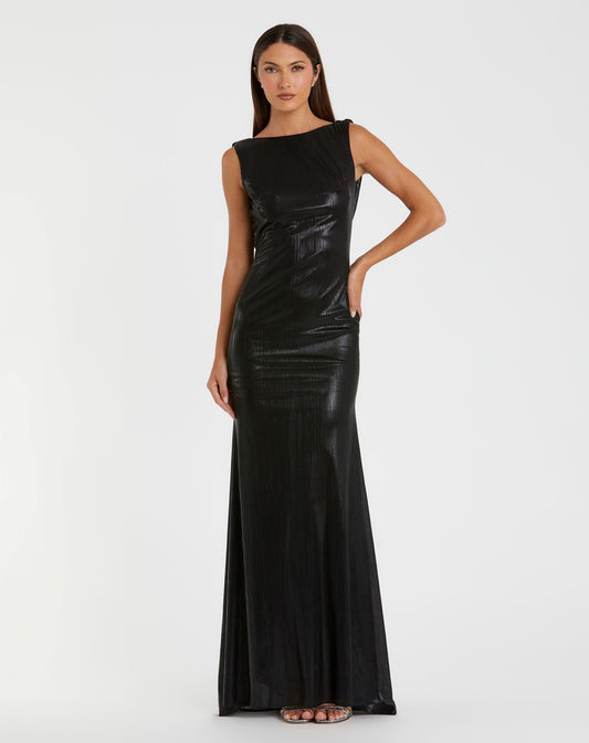 Petite Black Metallic Jersey Cowl Back Column Gown