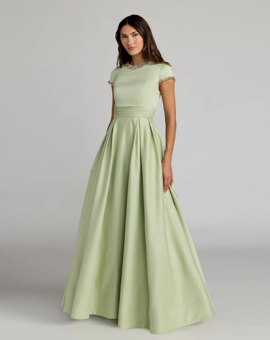 Petite Green Embellished Satin Cap Sleeve Ball Gown