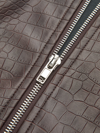 Crocodile Embossed Zipper Split Midi Skirt