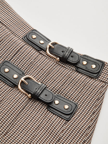 Buckle Detail Houndstooth Pleated Midi Skirt