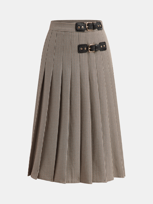 Buckle Detail Houndstooth Pleated Midi Skirt