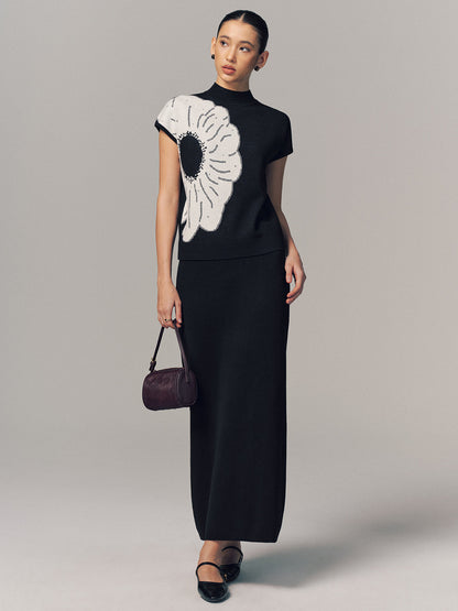 Wool-Blend Floral Print Top & Maxi Skirt Set