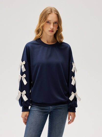 Crew Neck Bow Accent Sweatshirt