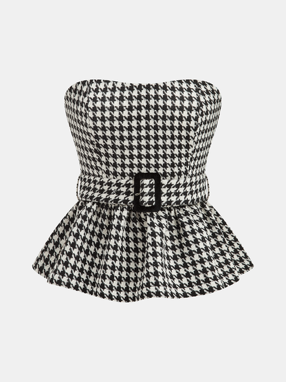 Houndstooth Strapless Belted Peplum Top