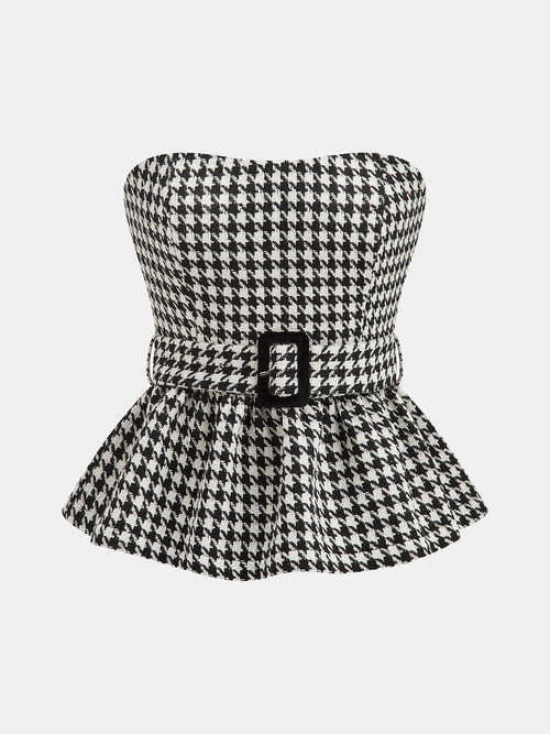 Houndstooth Strapless Belted Peplum Top