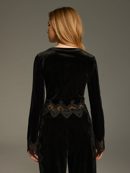 Lace Panel Velvet Long-Sleeve Top