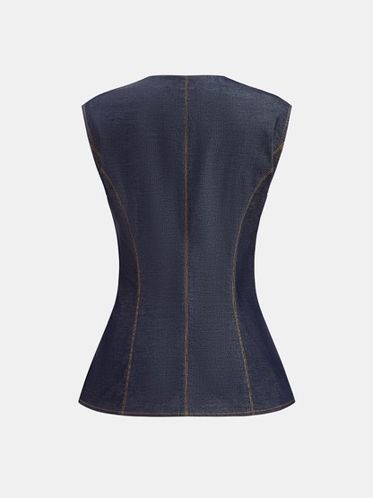 Metal Button Denim Sleeveless Vest