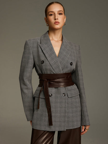 Plaid Double-Breasted Blazer with Waist Belt