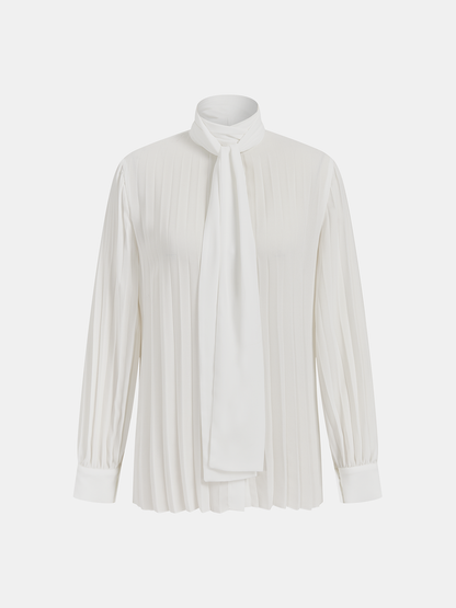 Semi-Sheer Tie-Neck Pleated Blouse