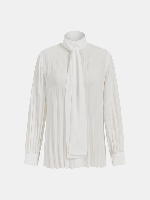 Semi-Sheer Tie-Neck Pleated Blouse