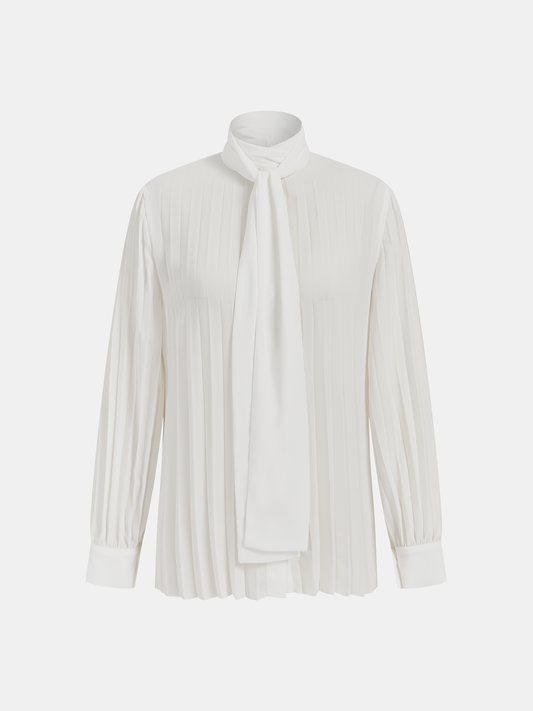 Semi-Sheer Tie-Neck Pleated Blouse
