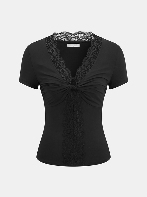 Lace Trim Twist Front Short Sleeve Top