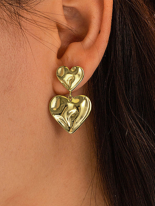 Double Crinkled Heart Drop Earrings
