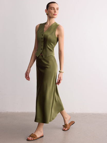 Sleeveless Satin Vest & Maxi Skirt Set