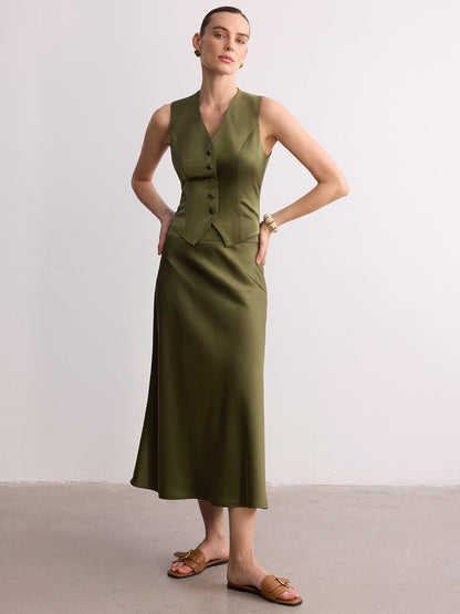 Sleeveless Satin Vest & Maxi Skirt Set