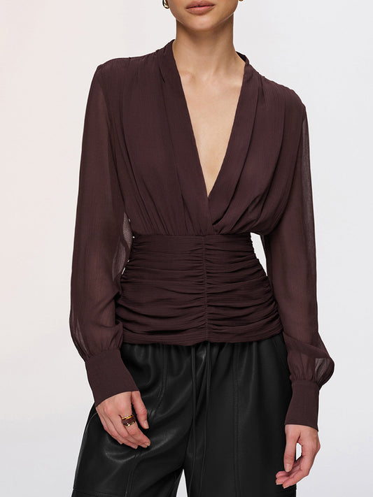 Semi-Sheer Ruched Deep V-Neck Blouse