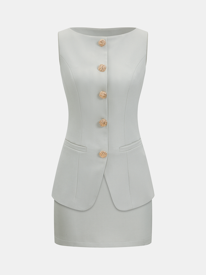 Metal Button Sleeveless Vest & Mini Skirt Set