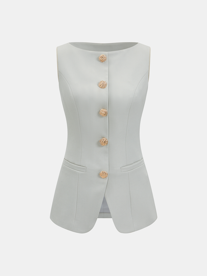 Metal Button Sleeveless Vest & Mini Skirt Set