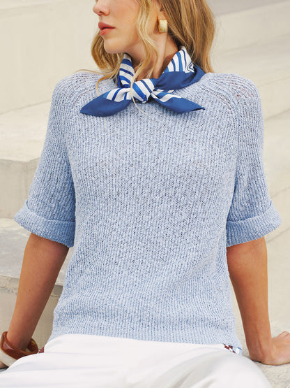 Open Knit Short Sleeve Sweater with Striped Scarf