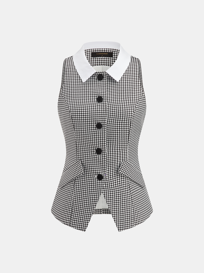 Houndstooth Collared Button Down Vest
