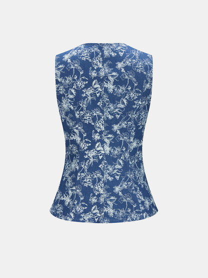 Floral Jacquard Denim Vest & Shorts Set