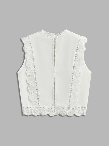 Floral Embroidery Lace Trim Sleeveless Blouse
