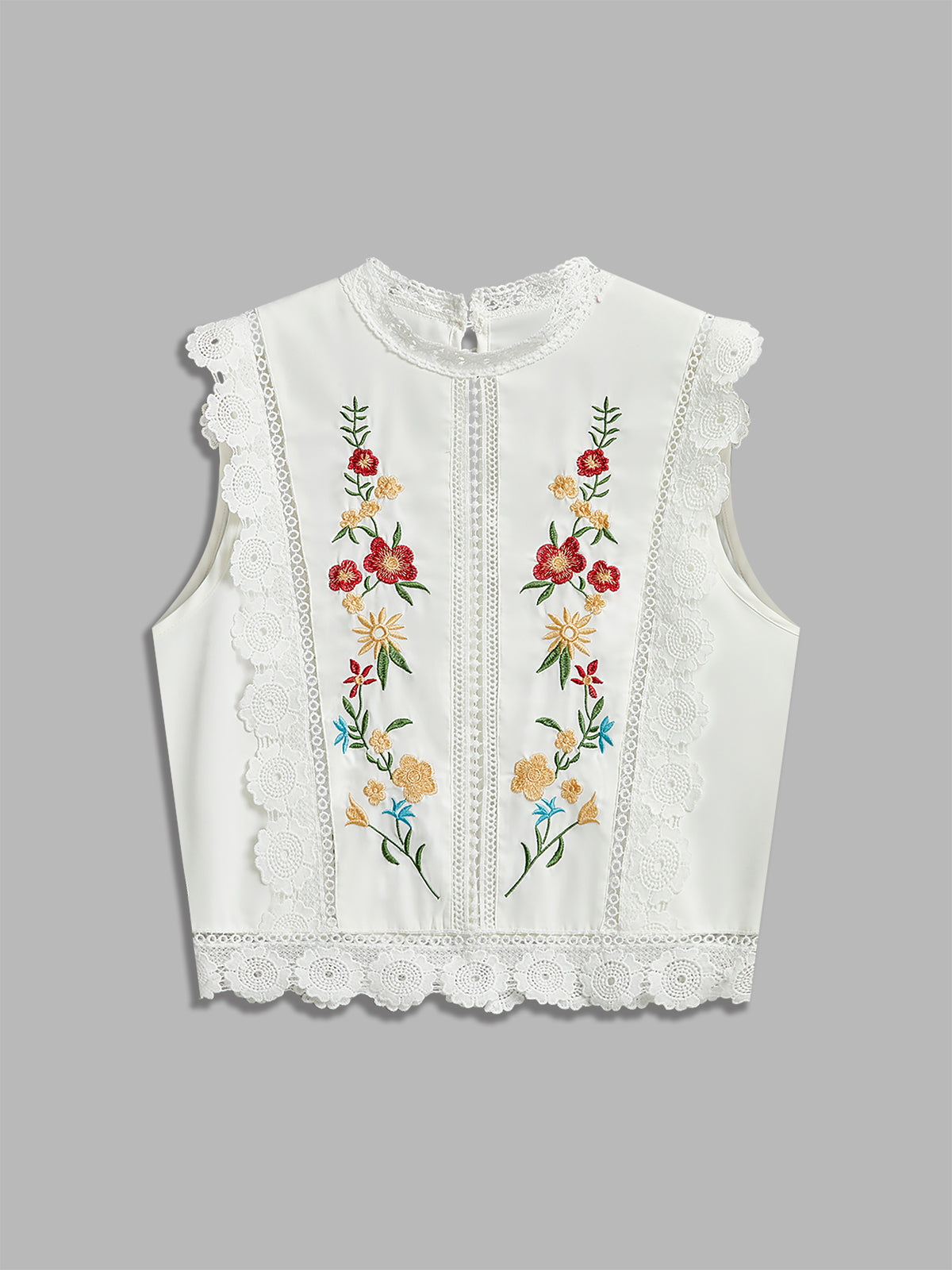 Floral Embroidery Lace Trim Sleeveless Blouse