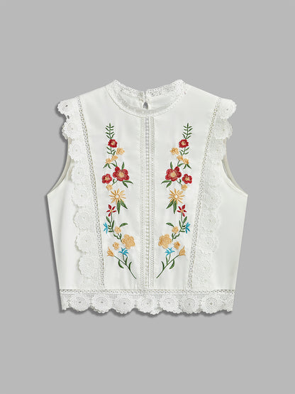 Floral Embroidery Lace Trim Sleeveless Blouse