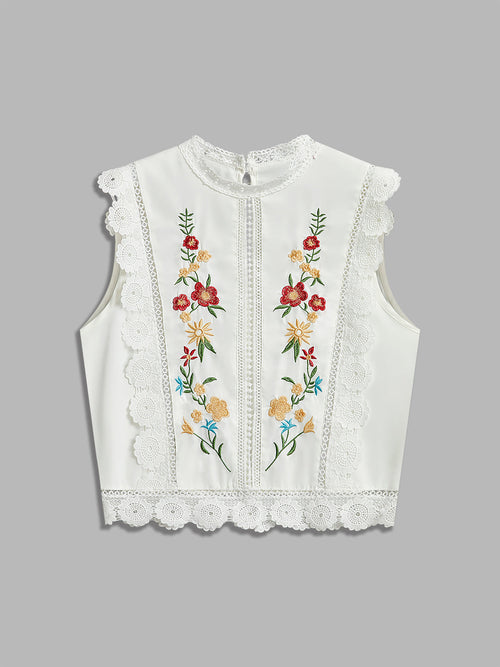 Floral Embroidery Lace Trim Sleeveless Blouse