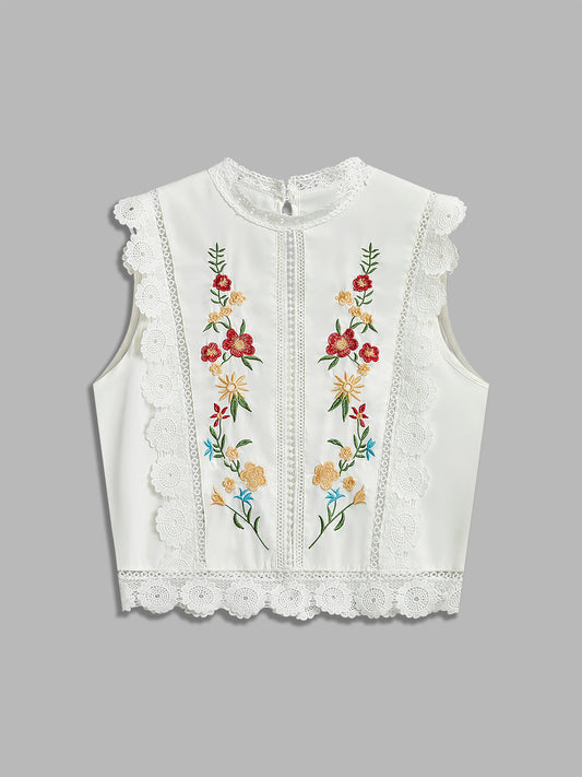 Floral Embroidery Lace Trim Sleeveless Blouse