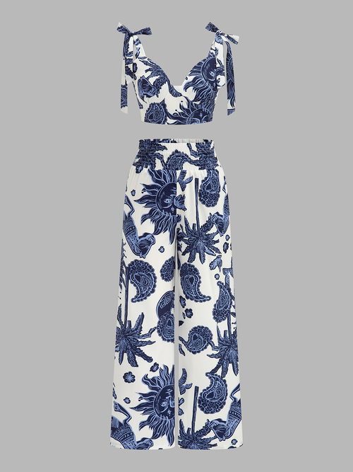 Printed Tie-Shoulder Top & Elastic Waist Pants Set