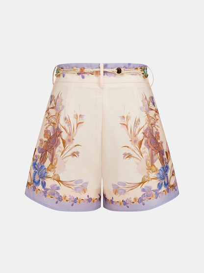 Floral Bird Print Belted Casual Shorts