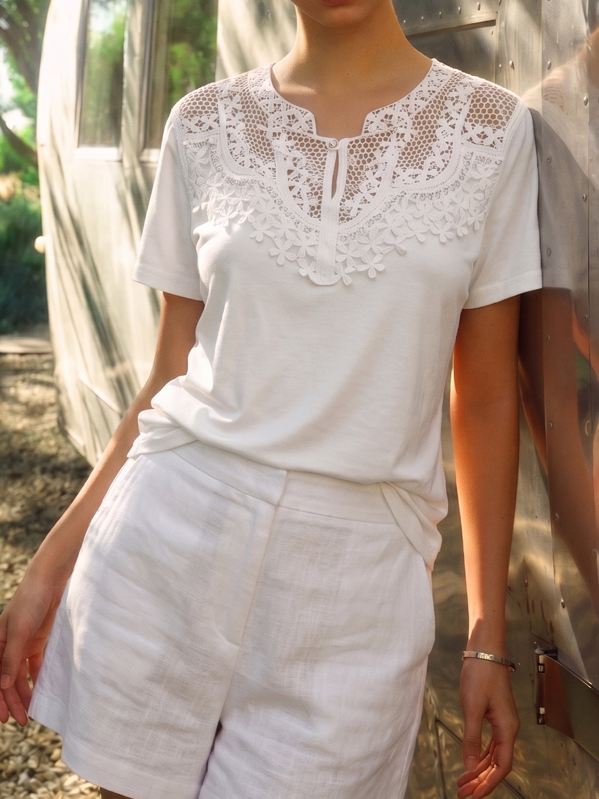 Pearl Detail Lace Yoke Blouse