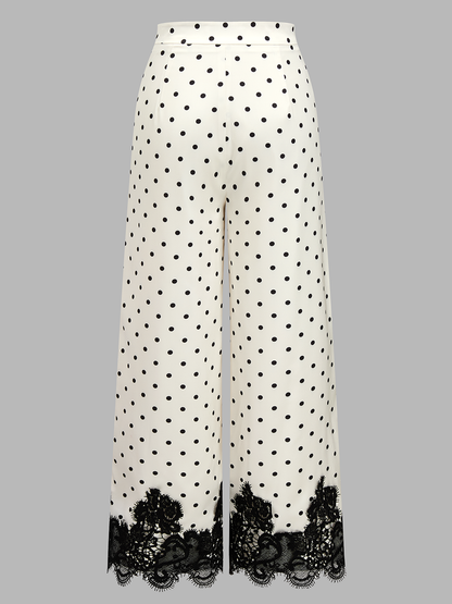 Lace Hem Polka Dot Wide Leg Pants