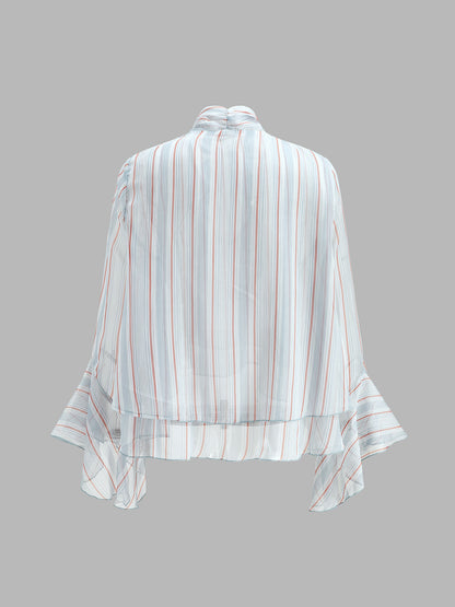 Striped Bow Neck Flounce Sleeve Blouse
