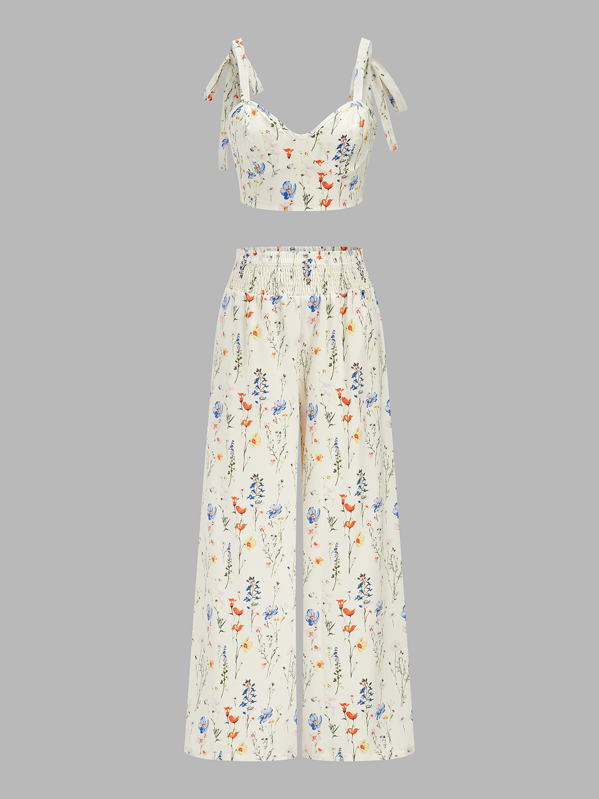 Floral Print Tie-Shoulder Top & Smocked Pants Set