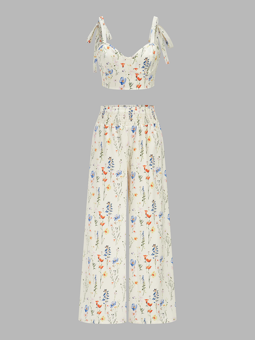 Floral Print Tie-Shoulder Top & Smocked Pants Set