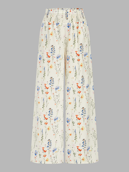Floral Print Tie-Shoulder Top & Smocked Pants Set