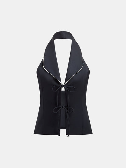 Lapel Halter Tie Front Vest