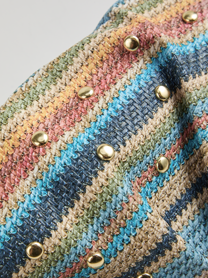 Colorful Striped Woven Rivet Clutch Handbag