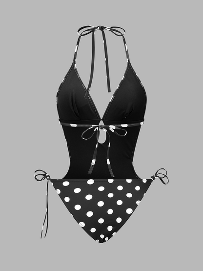 Polka Dot Halter Cutout One Piece Swimsuit