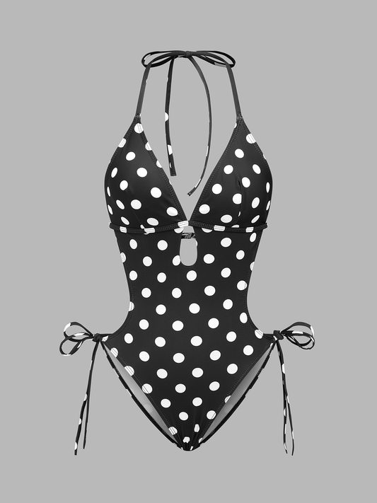 Polka Dot Halter Cutout One Piece Swimsuit