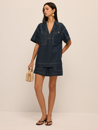 Short Sleeve Denim Blouse & Mini Skirt Set